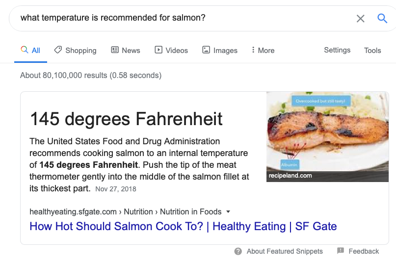 Q: What temperature is recommended for salmon? A: 145 degrees Fahernheit.